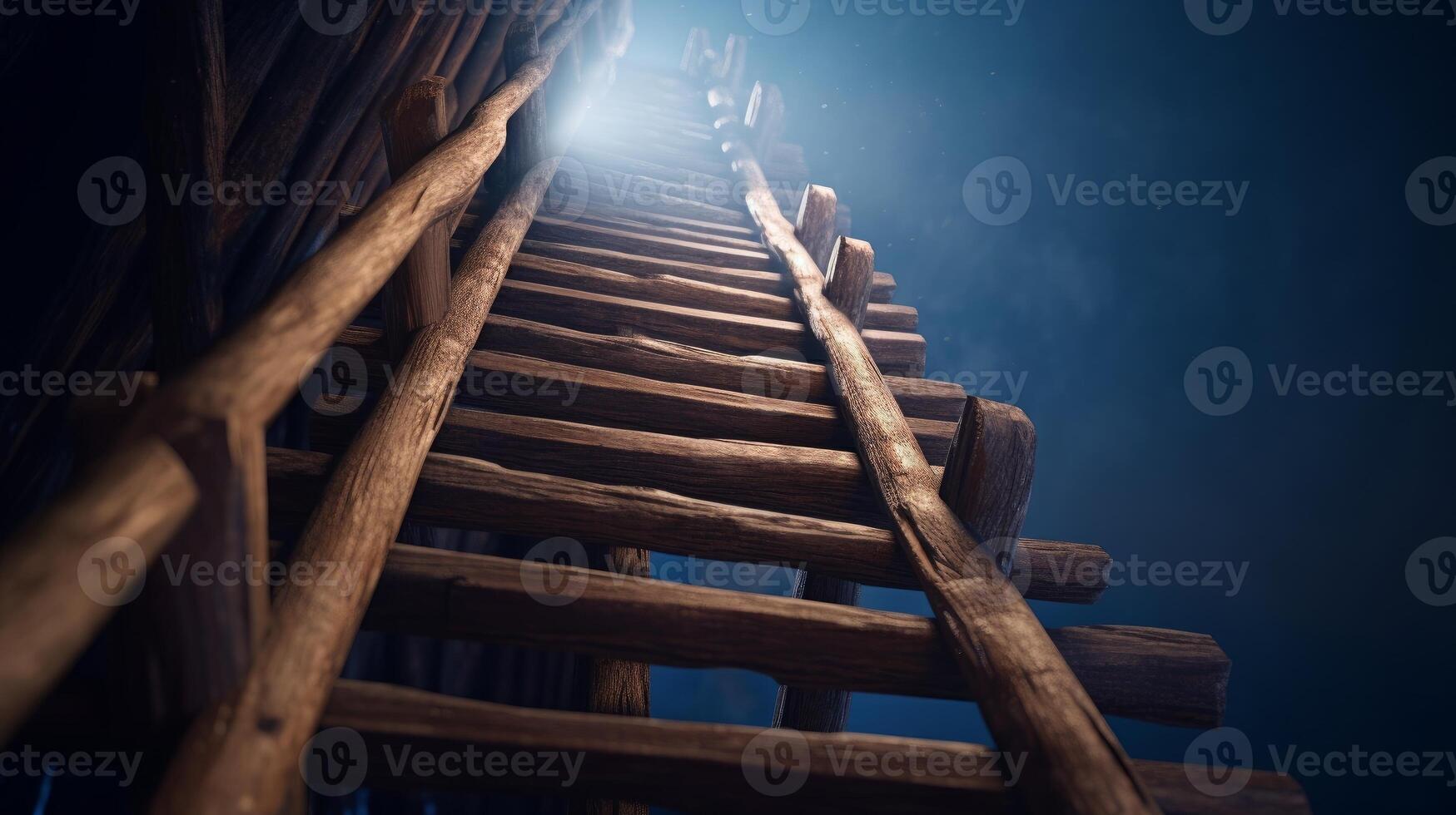 Steep wooden staircase leads into the unknown with a sense of mystery and limitless possibilities. photo
