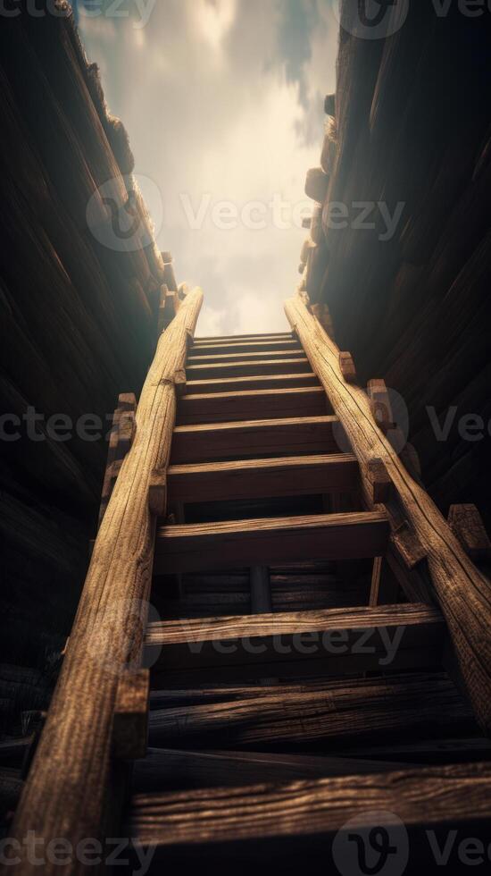 Steep wooden staircase leads into the unknown with a sense of mystery and limitless possibilities. photo