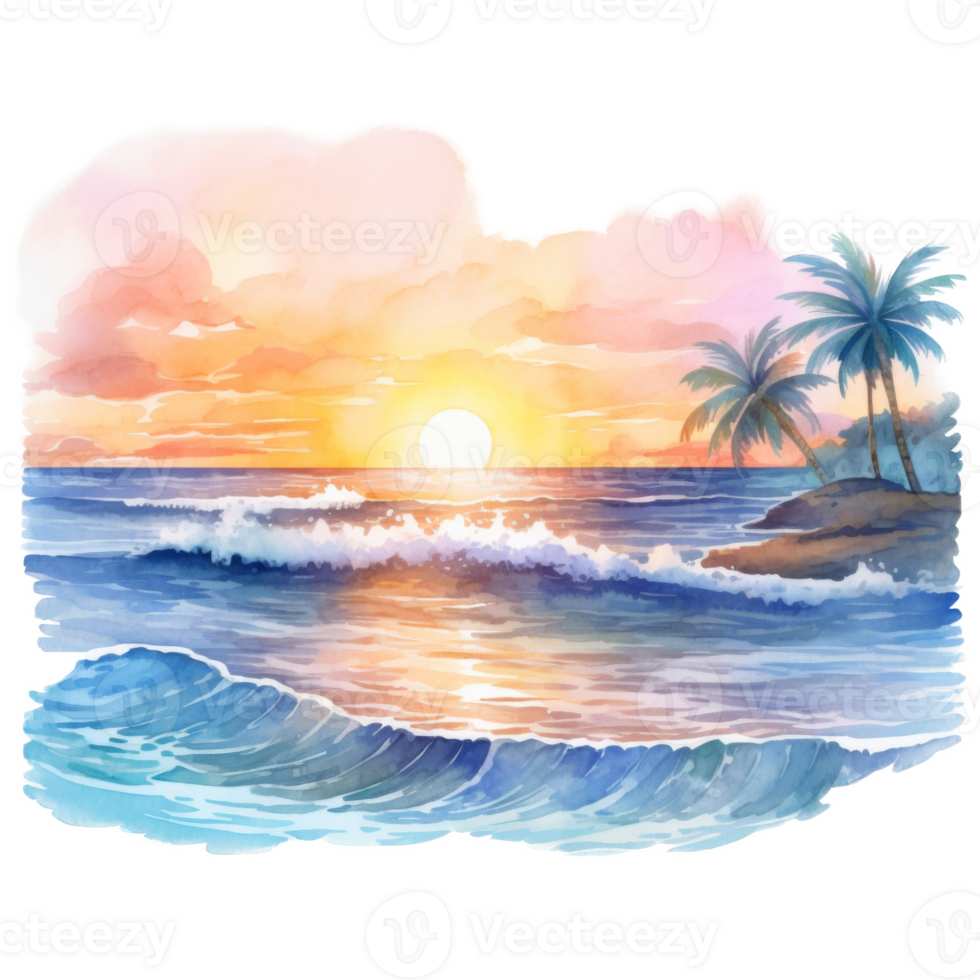 Sunset, Summer Illustration. Watercolor Style. png