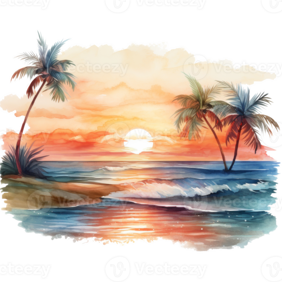 Sunset, Summer Illustration. Watercolor Style. png