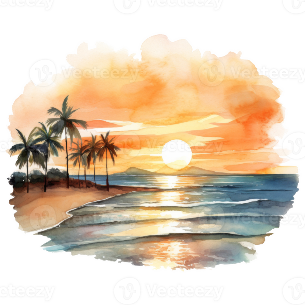 Sunset, Summer Illustration. Watercolor Style. png
