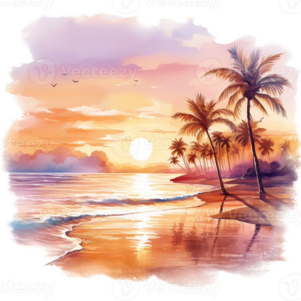 Sunset, Summer Illustration. Watercolor Style. png