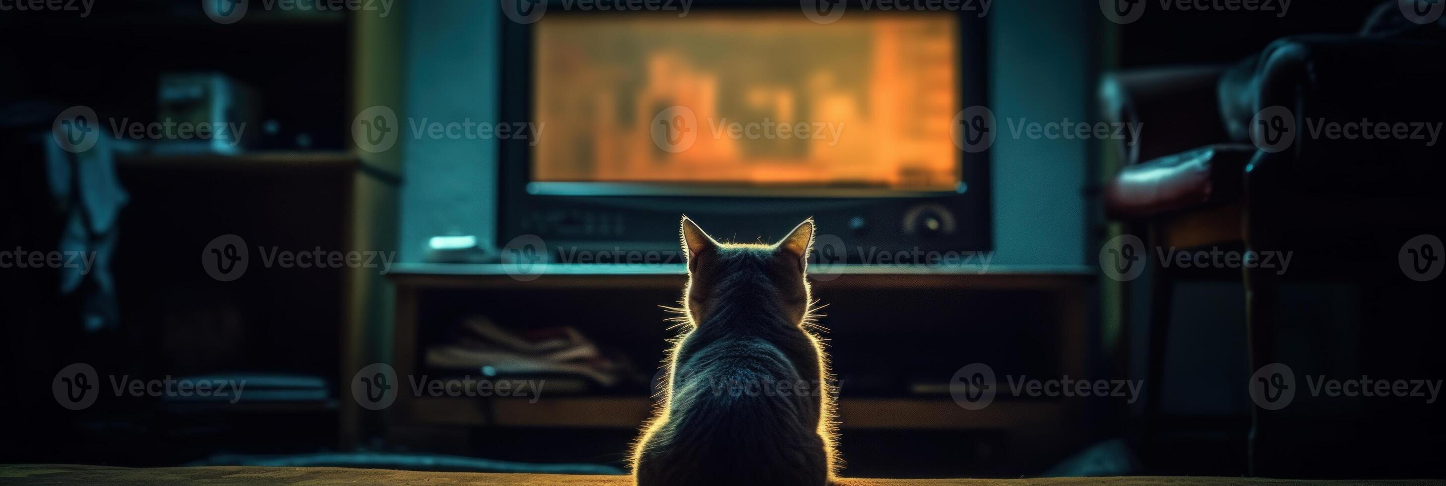 A cat is watching TV in a dark empty room. . photo