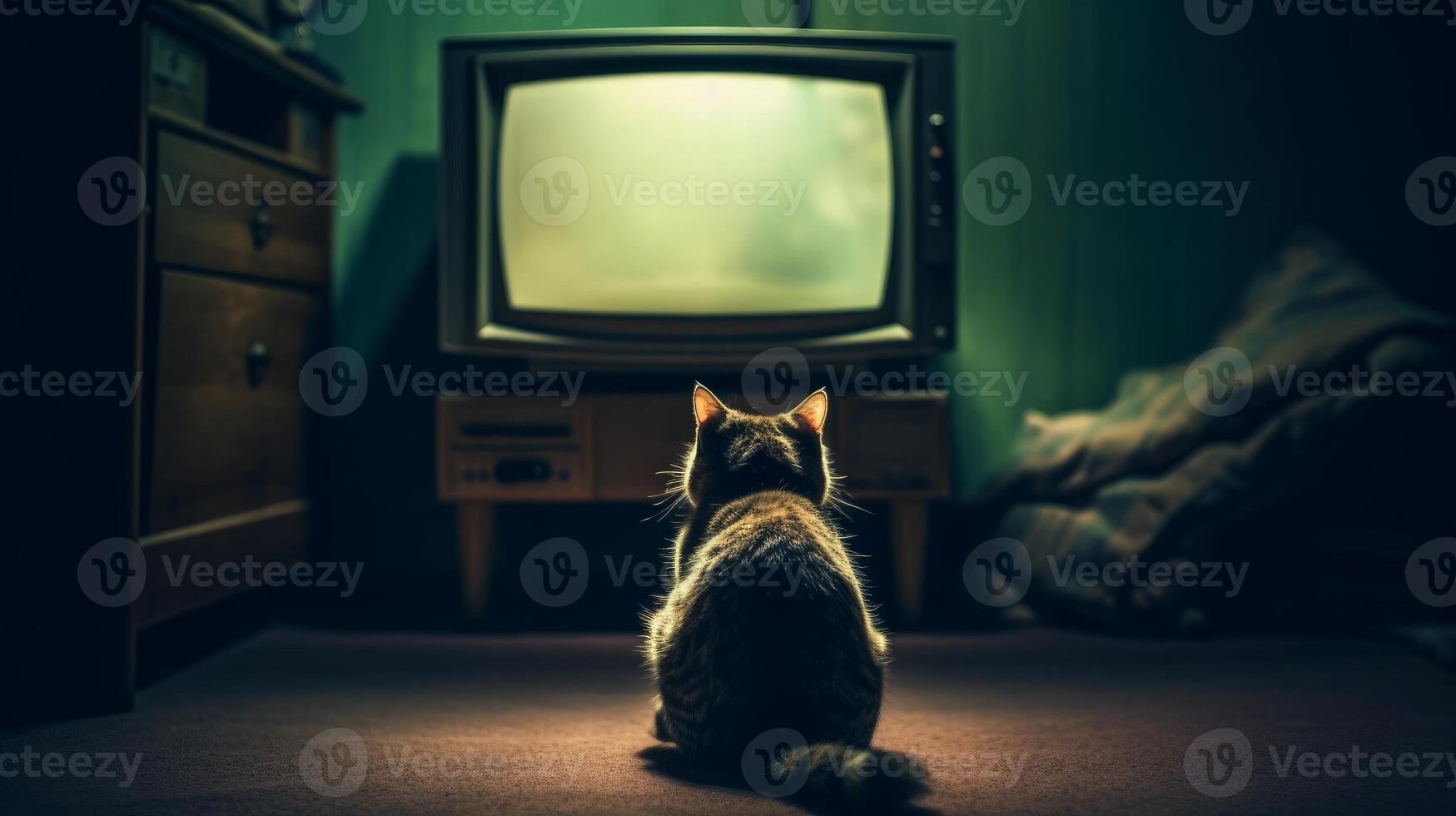 A cat is watching TV in a dark empty room. . photo