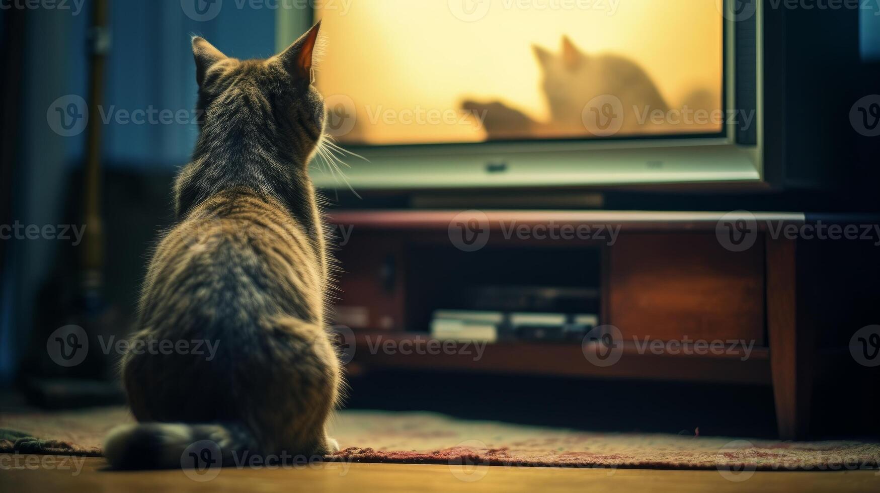A cat is watching TV in a dark empty room. . photo