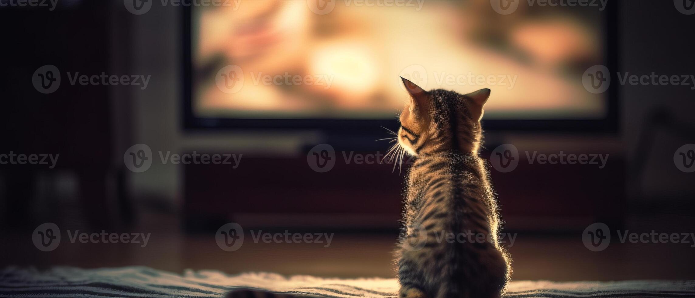 A cat is watching TV in a dark empty room. . photo