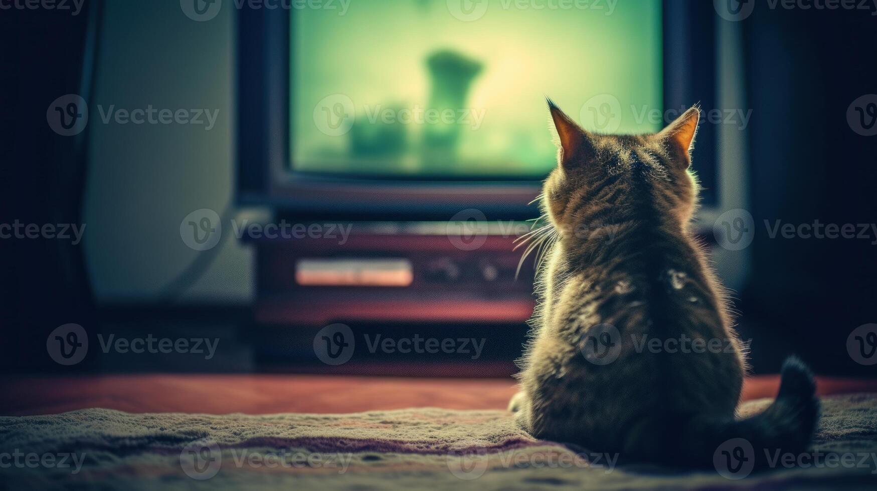 A cat is watching TV in a dark empty room. . photo