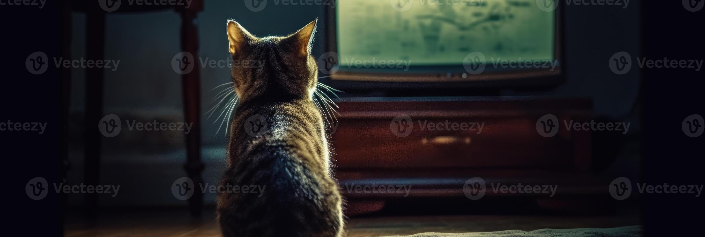 A cat is watching TV in a dark empty room. . photo