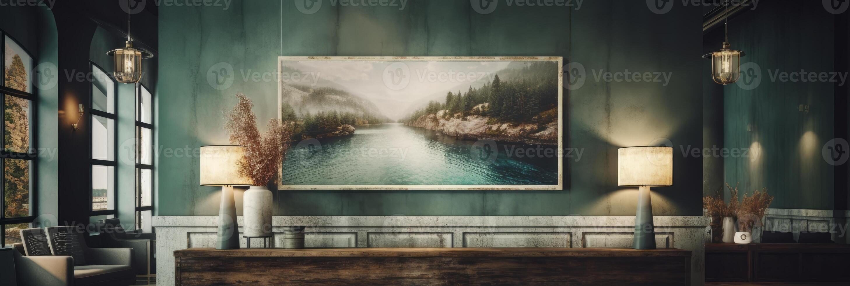 A hotel with a picture on the wall. . photo
