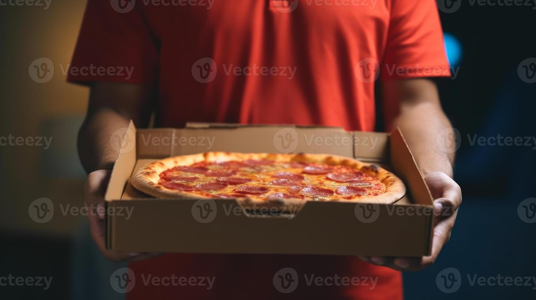 Hands holding a pizza box. Pizza is ready for delivery. . photo
