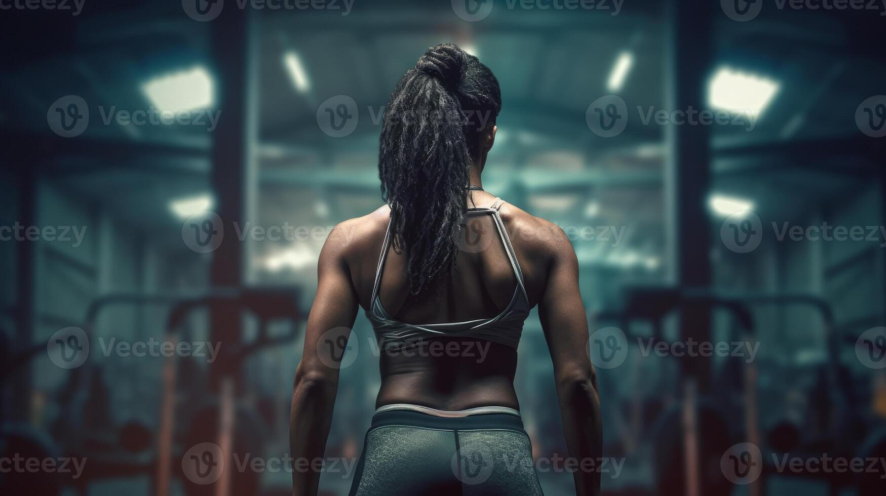 African american woman working out in gym on gym background, copy space for text or design. . photo