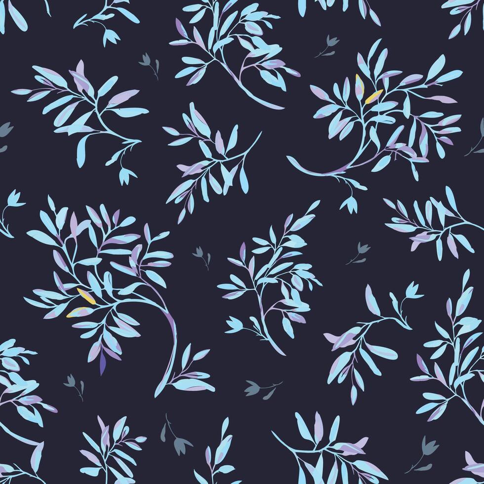 , floral, non-directional branch pattern on dark background. Midnight flowers. vector