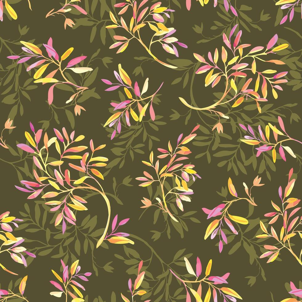 , floral, non-directional branch pattern on dark green background. Autumn abstract flowers. vector