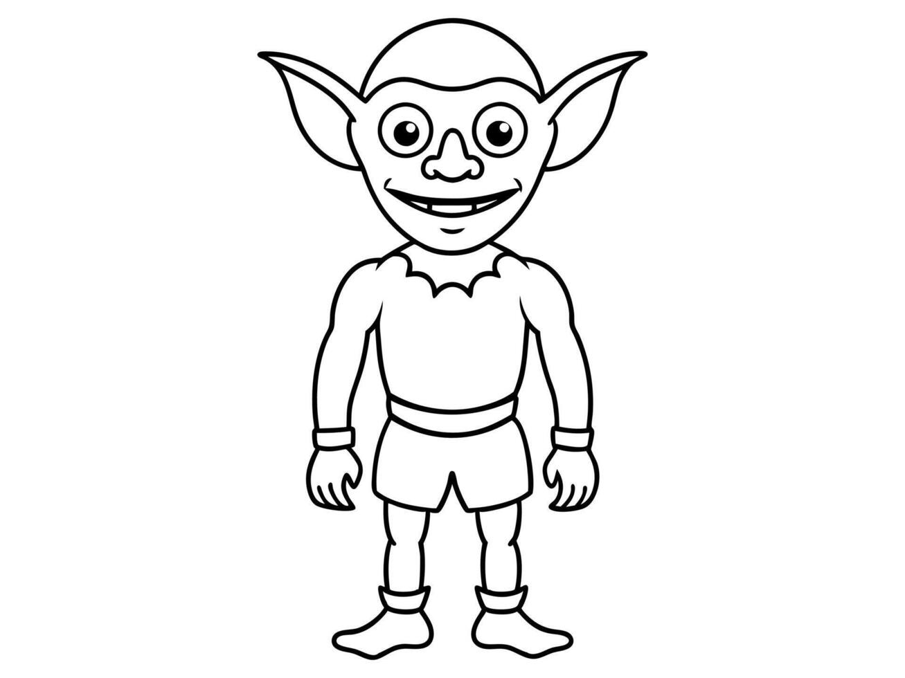 Goblin black outline illustration isolated on white background. Concept of fantasy creature, troll, Halloween, mythical character, cute monster, playful imp, design element, art, print, illustration. vector