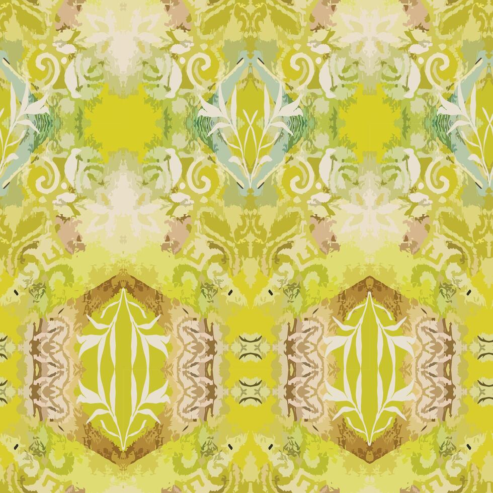 , seamless, kaleidoskope, vertical abstract shapes and colors pattern of aged white ornament on yellow background. Created from my painting details vector