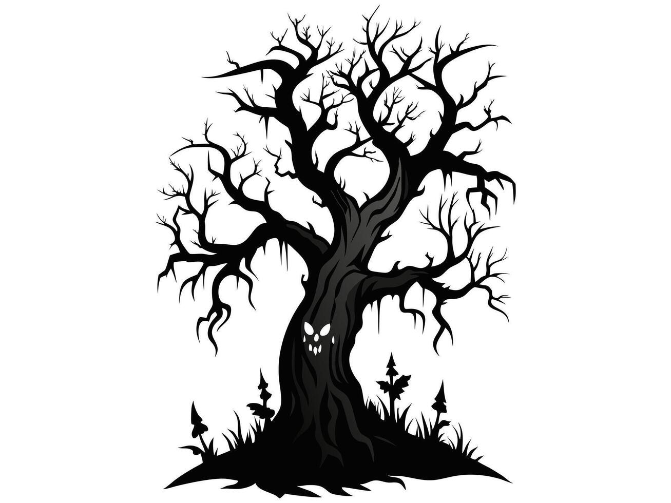Black silhouette of a spooky tree with an ominous face and creepy roots isolated on a white background. Concept of Halloween, haunted tree, horror, haunted forest, evil nature. vector