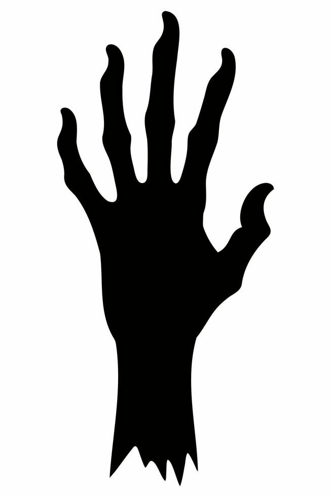 Black silhouette of creepy zombie hand isolated on a white background. Eerie Zombie hand outline. Concept of horror, Halloween, creepy design. Print, icon, design element vector