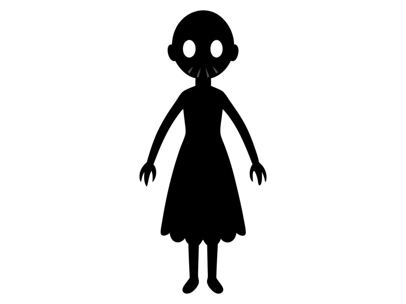 Black silhouette of a scary haunted doll in tattered dress. Concept of spooky character, Halloween decoration, creepy toy, and minimalist illustration. Print, icon, design element. vector