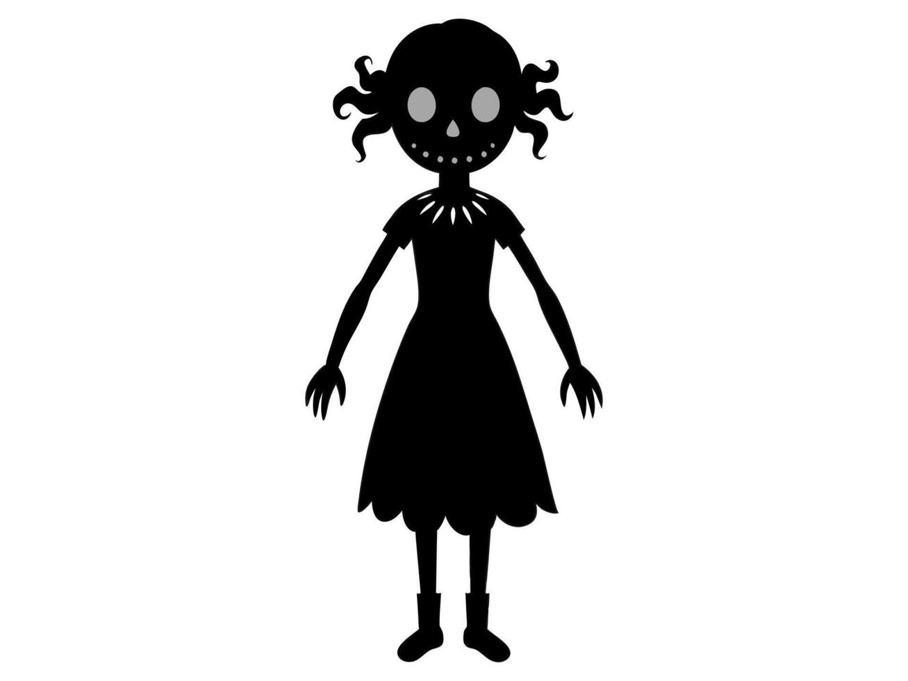 Black silhouette of a scary haunted doll in tattered dress. Concept of spooky character, Halloween decoration, creepy toy, and minimalist illustration. Print, icon, design element. vector