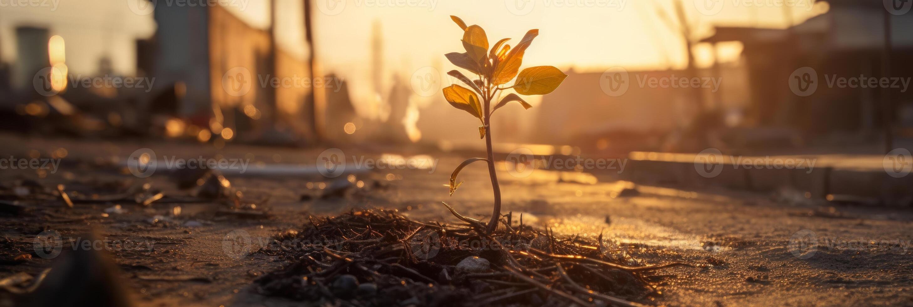 A plant emerges from the debris at dawn after a hurricane. Concept of hope and revival. . photo