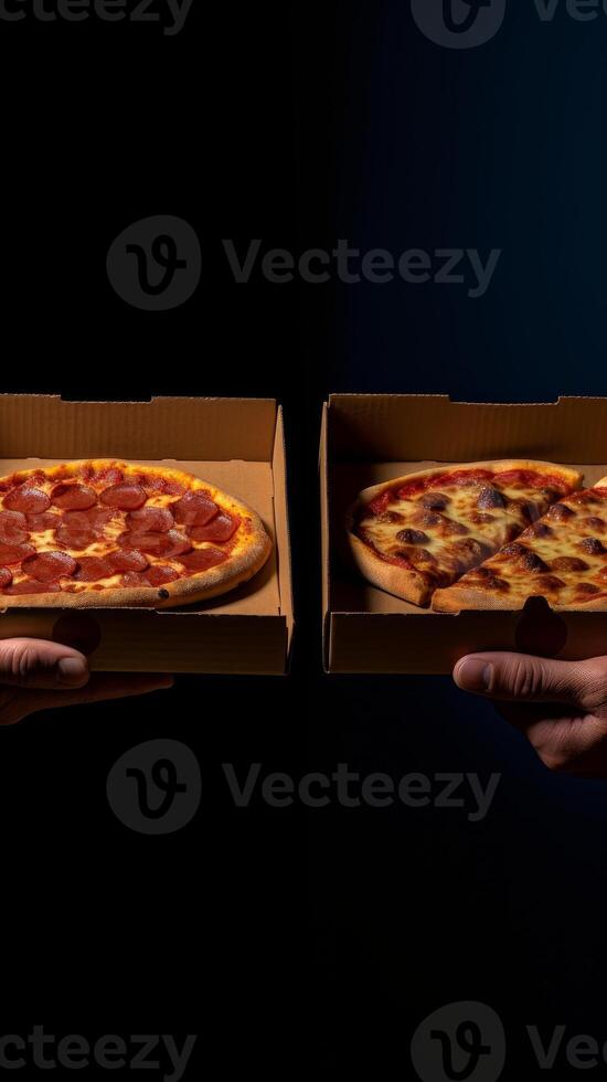 Hands holding a pizza box. Pizza is ready for delivery. . photo