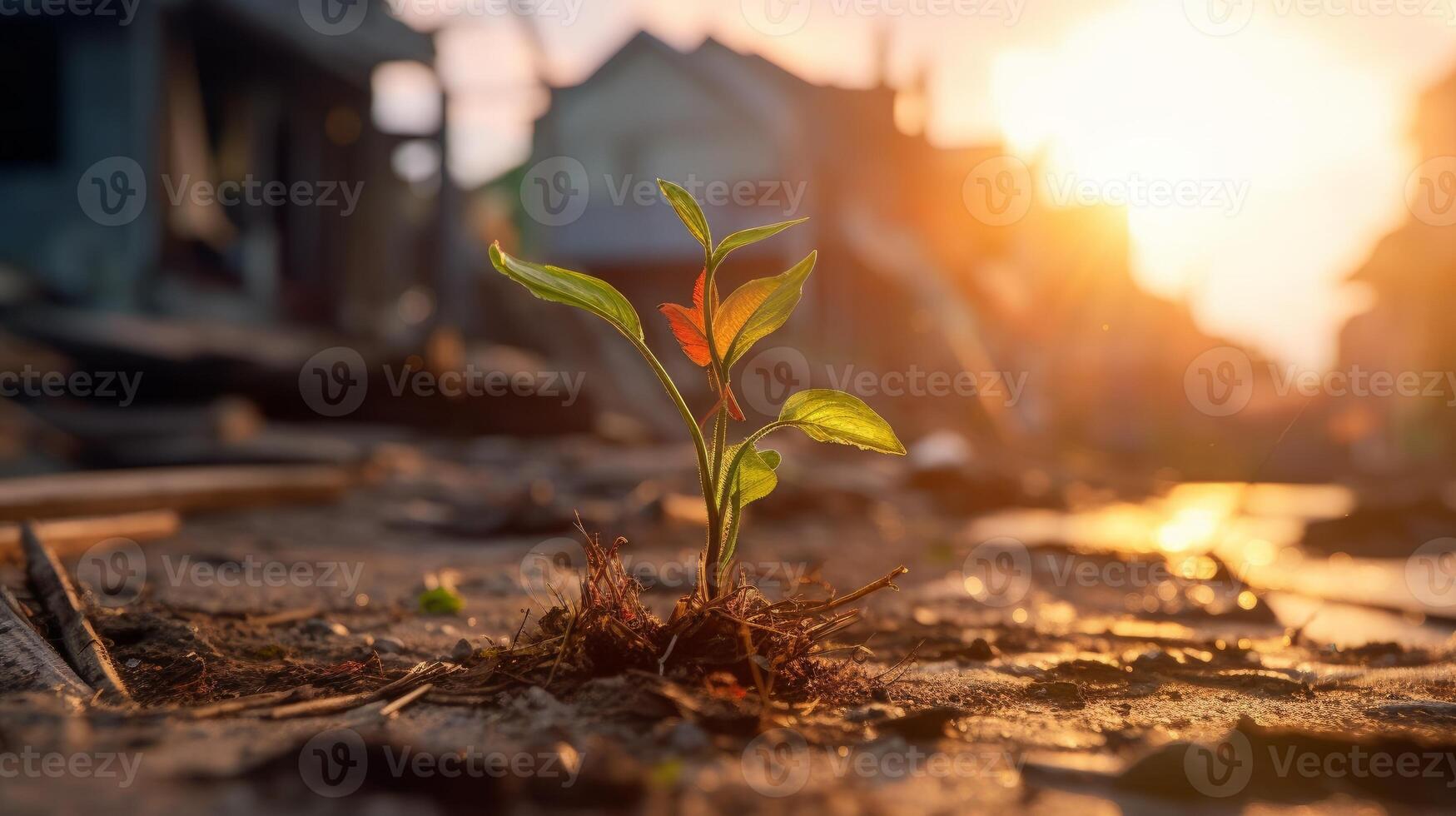 A plant emerges from the debris at dawn after a hurricane. Concept of hope and revival. . photo