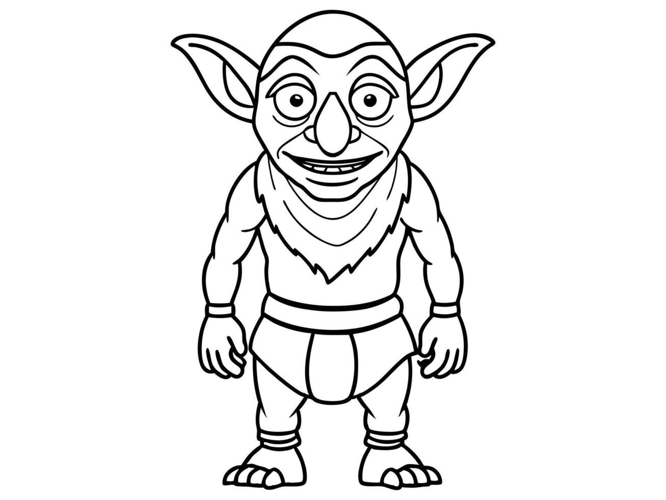 Goblin black outline illustration isolated on white background. Concept of fantasy creature, troll, Halloween, mythical character, cute monster, playful imp, design element, art, print, illustration. vector