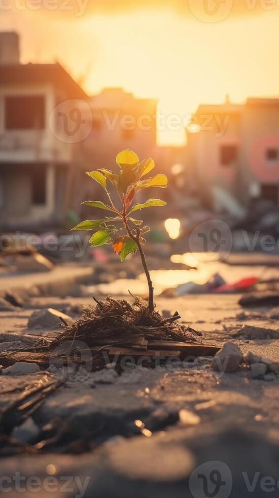 A plant emerges from the debris at dawn after a hurricane. Concept of hope and revival. . photo