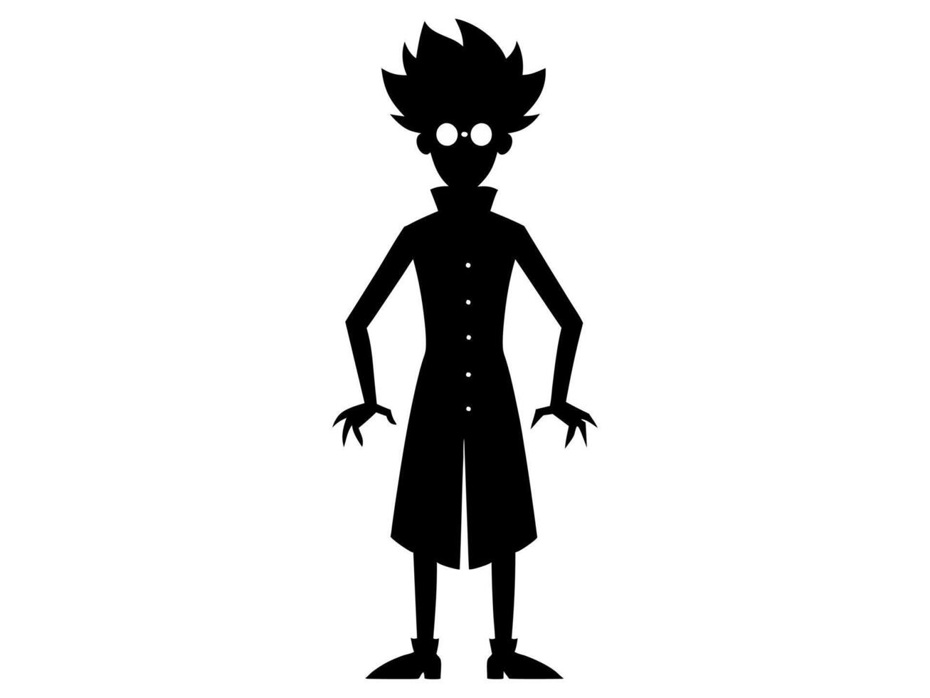 Black silhouette of eccentric mad scientist isolated on white background. Concept of crazy professor, mad genius, minimalist character, Halloween. Print, design element, illustration. vector