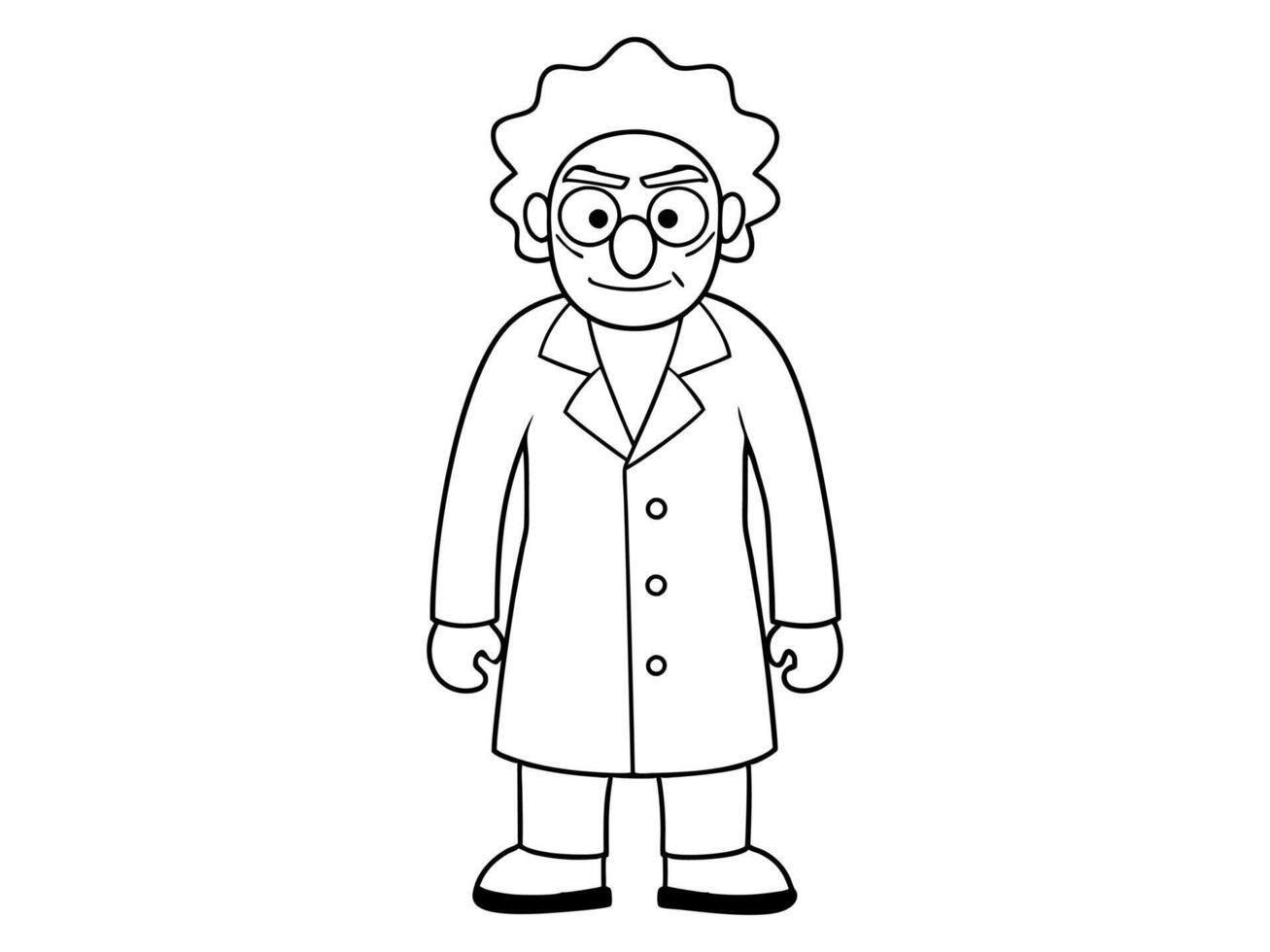 Cartoon outline of eccentric mad scientist character in lab coat isolated on white background. Concept of crazy professor, mad genius, Halloween character. Print, design element. vector