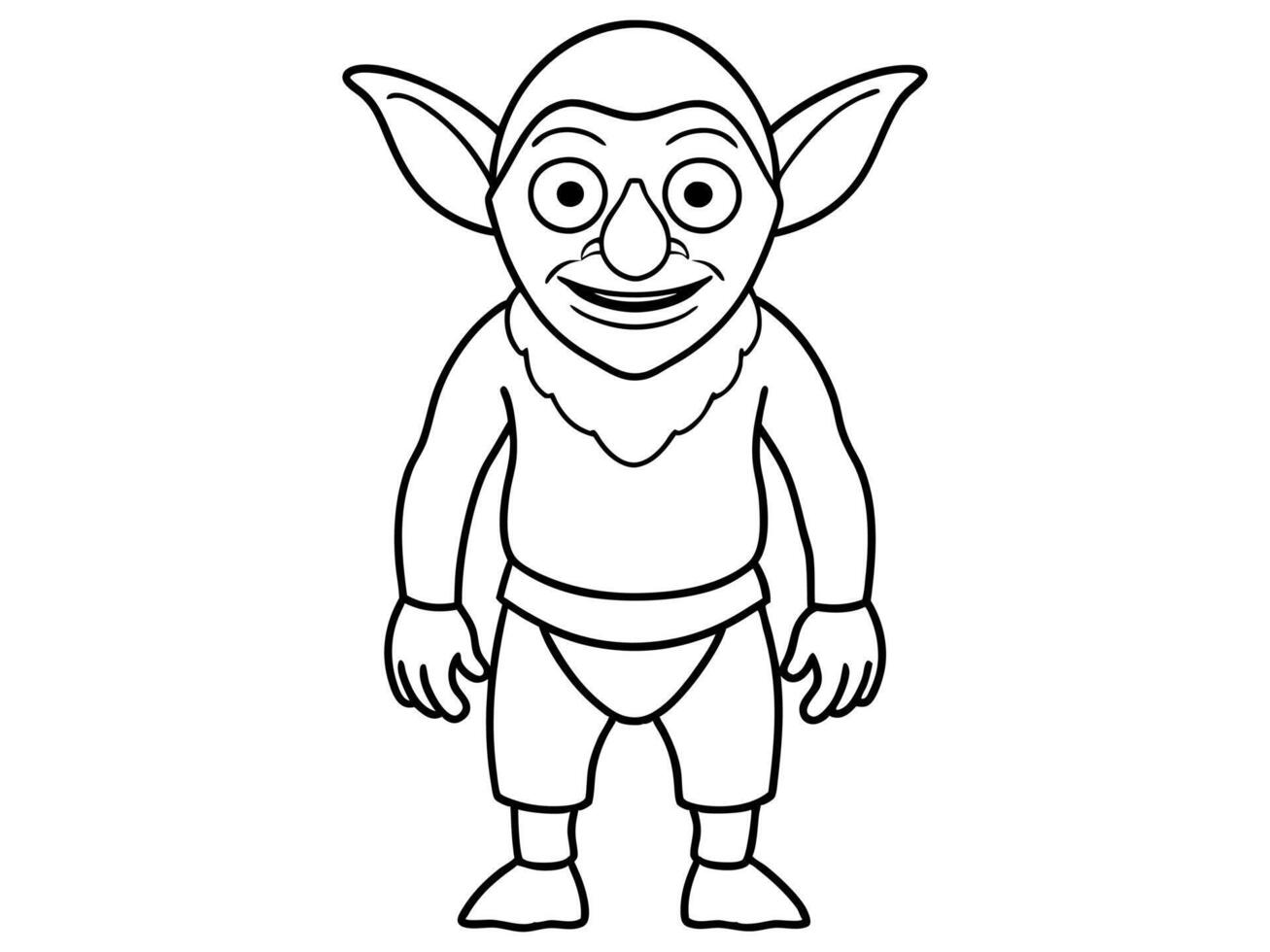 Goblin black outline illustration isolated on white background. Concept of fantasy creature, troll, Halloween, mythical character, cute monster, playful imp, design element, art, print, illustration. vector
