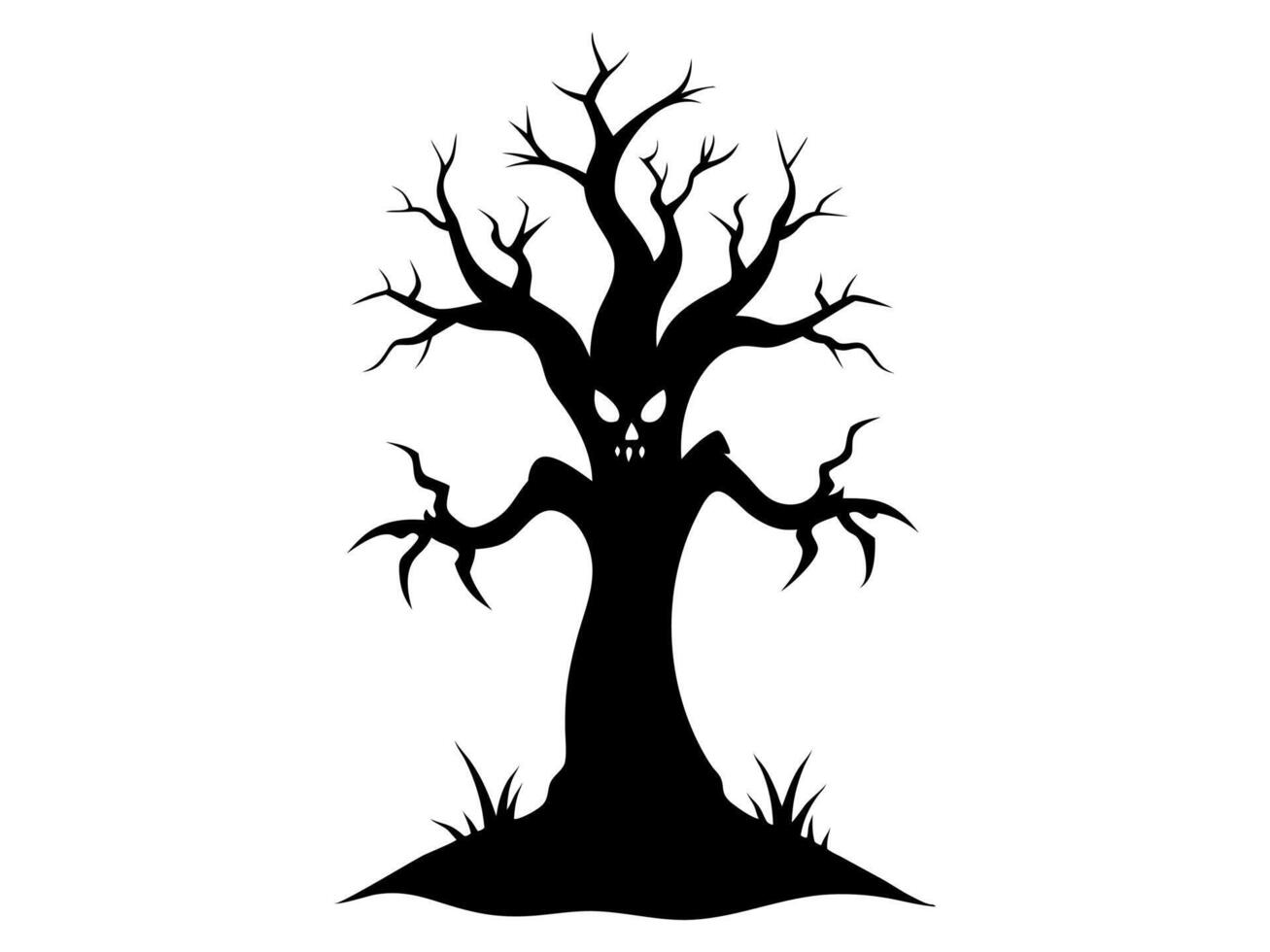 Black silhouette of a spooky tree with an ominous face and creepy roots isolated on a white background. Concept of Halloween, haunted tree, horror, haunted forest, evil nature. vector