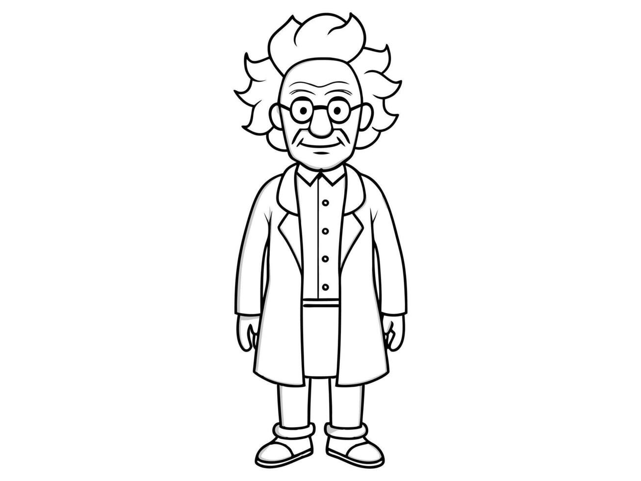 Cartoon outline of eccentric mad scientist character in lab coat isolated on white background. Concept of crazy professor, mad genius, Halloween character. Print, design element. vector