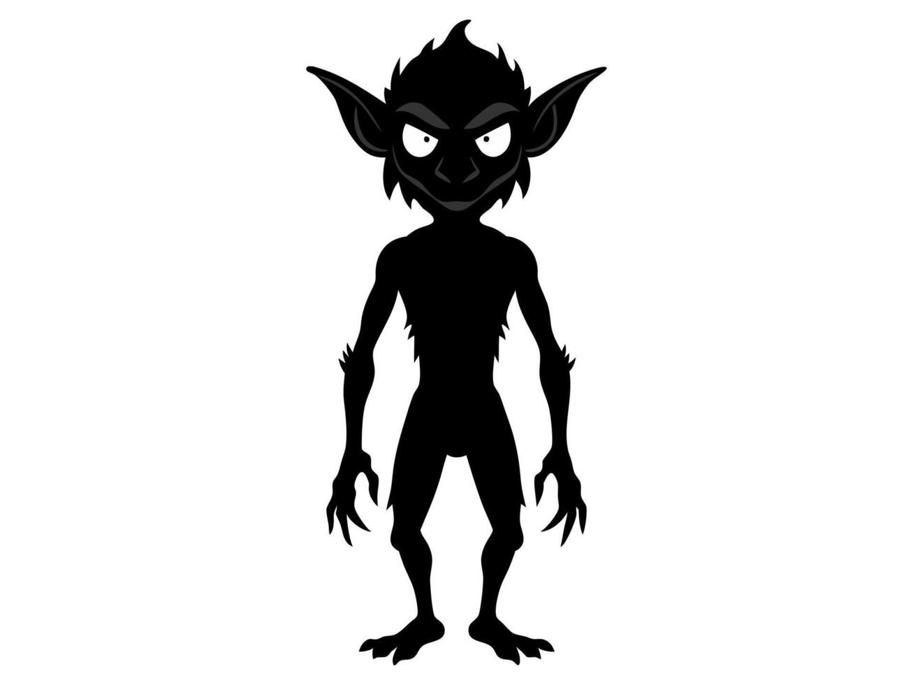 Black silhouette of a goblin isolated on a white background. Concept of Halloween, mythical creature, troll, fantasy character, eerie illustration, design art. vector