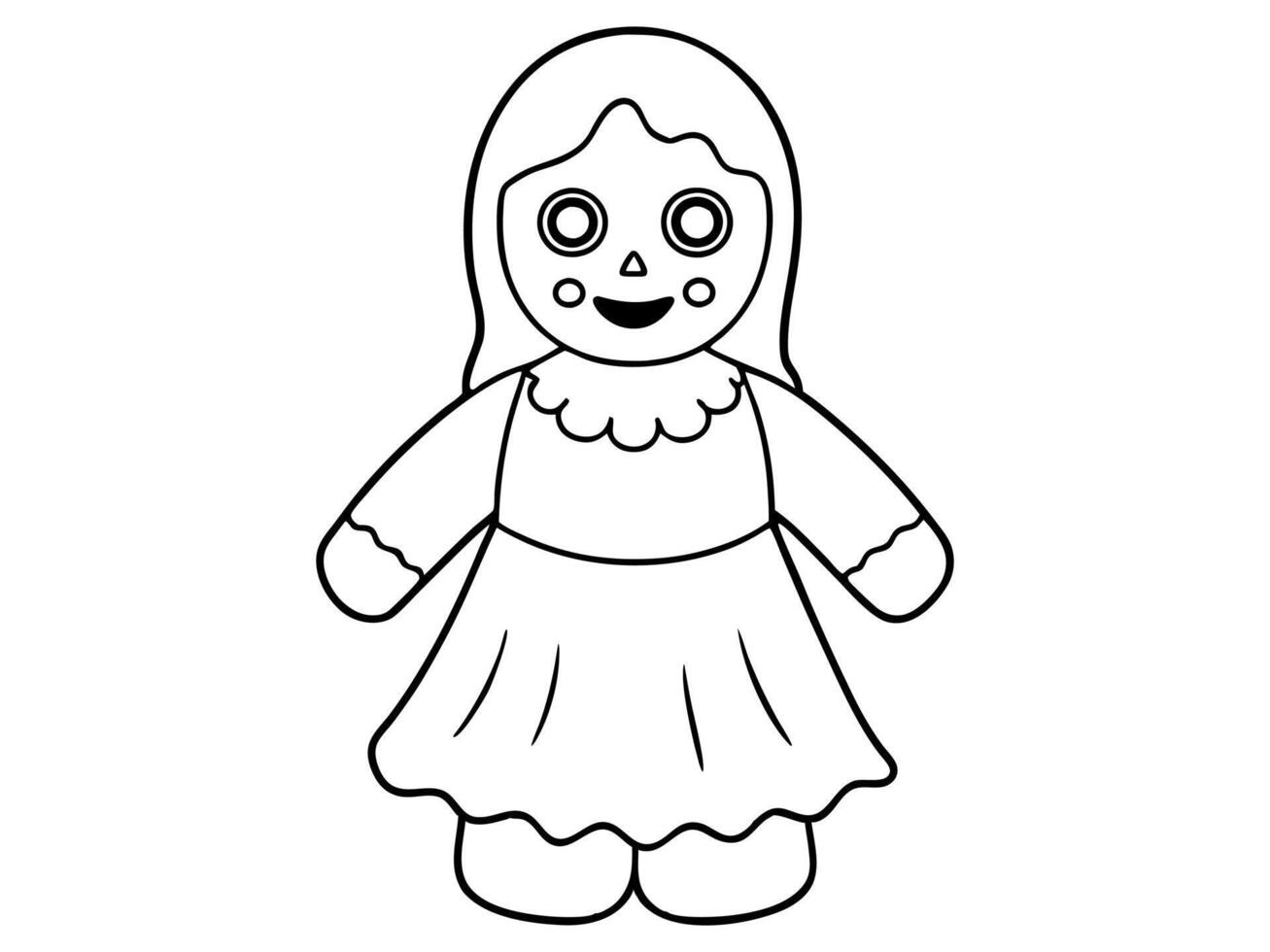 Black outline of a haunted doll with stitched smile and button eyes isolated on white background. Concept of spooky character, Halloween decoration, rag doll, creepy toy, and minimalist illustration. vector