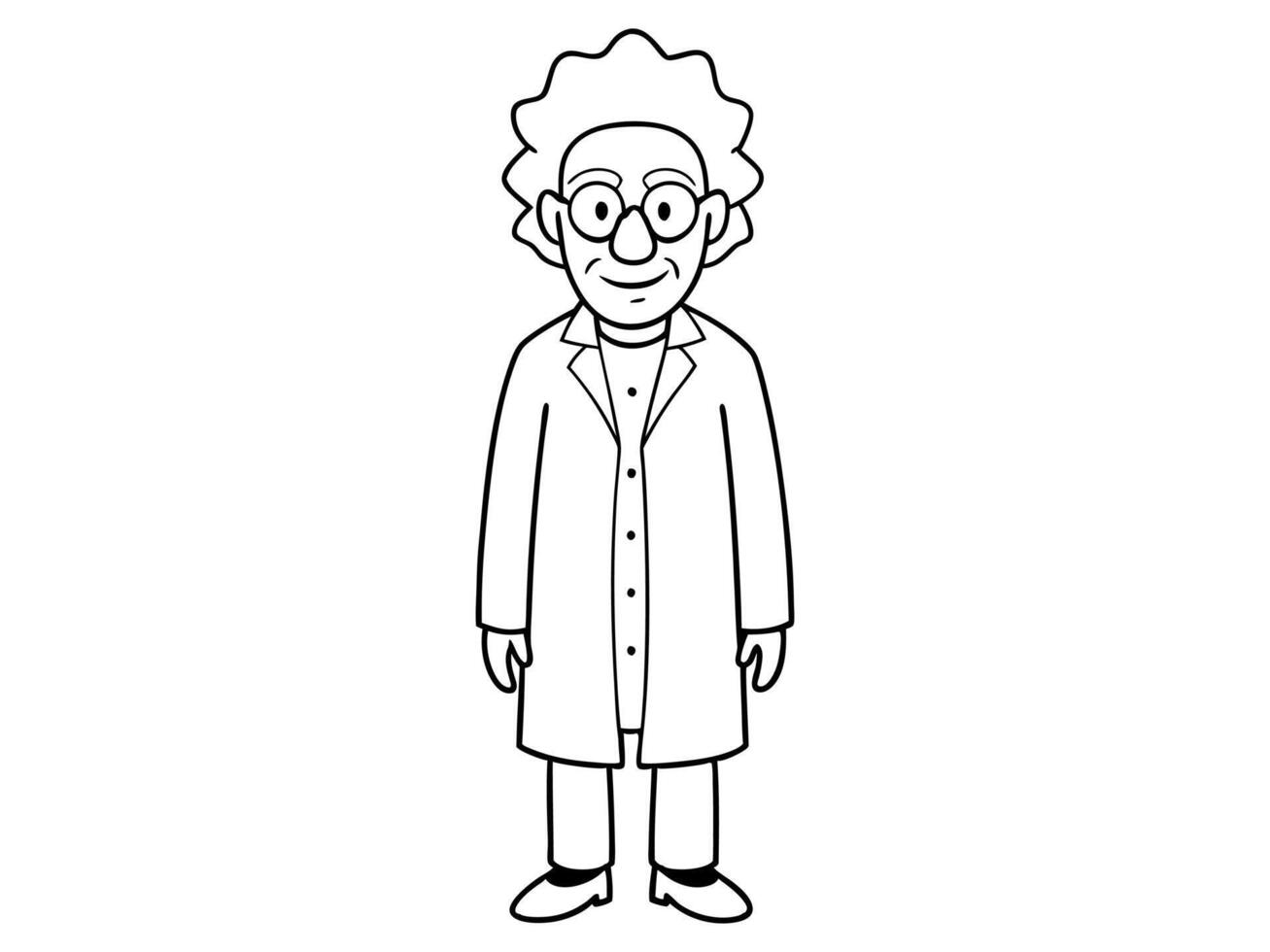 Cartoon outline of eccentric mad scientist character in lab coat isolated on white background. Concept of crazy professor, mad genius, Halloween character. Print, design element. vector