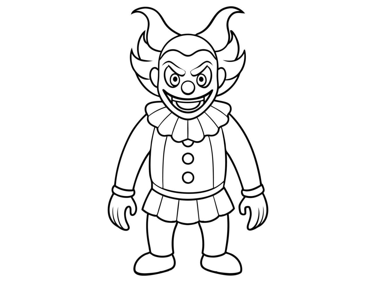Black outline of evil clown with a creepy grin isolated on a white background. Concept of Halloween, circus performer, horror, spooky character. Print, art, design element, illustration vector
