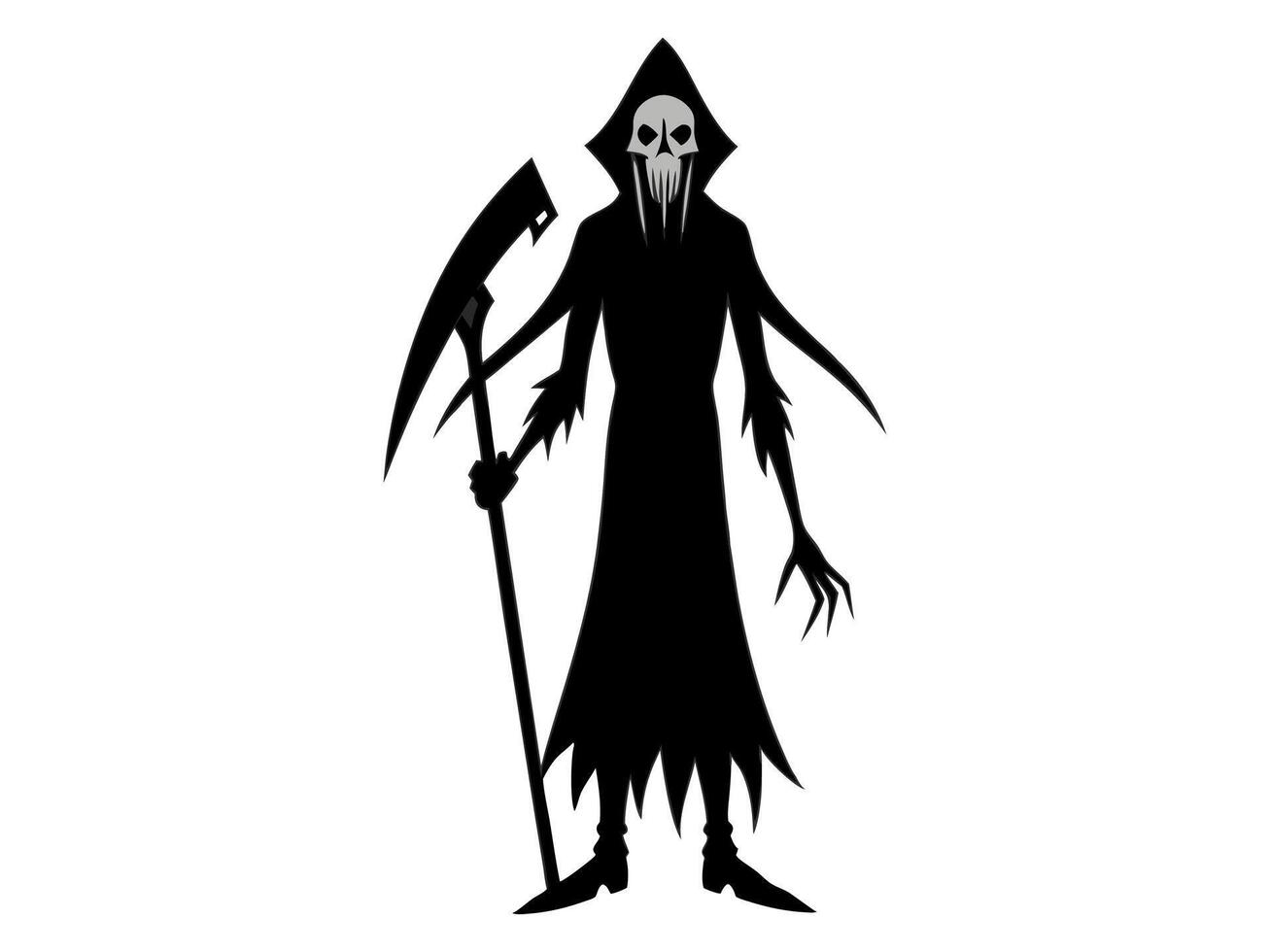Black silhouette of the Grim Reaper isolated on a white background. Concept of death, spooky figure, minimalist style, Halloween. Print, digital art, illustration, design element vector