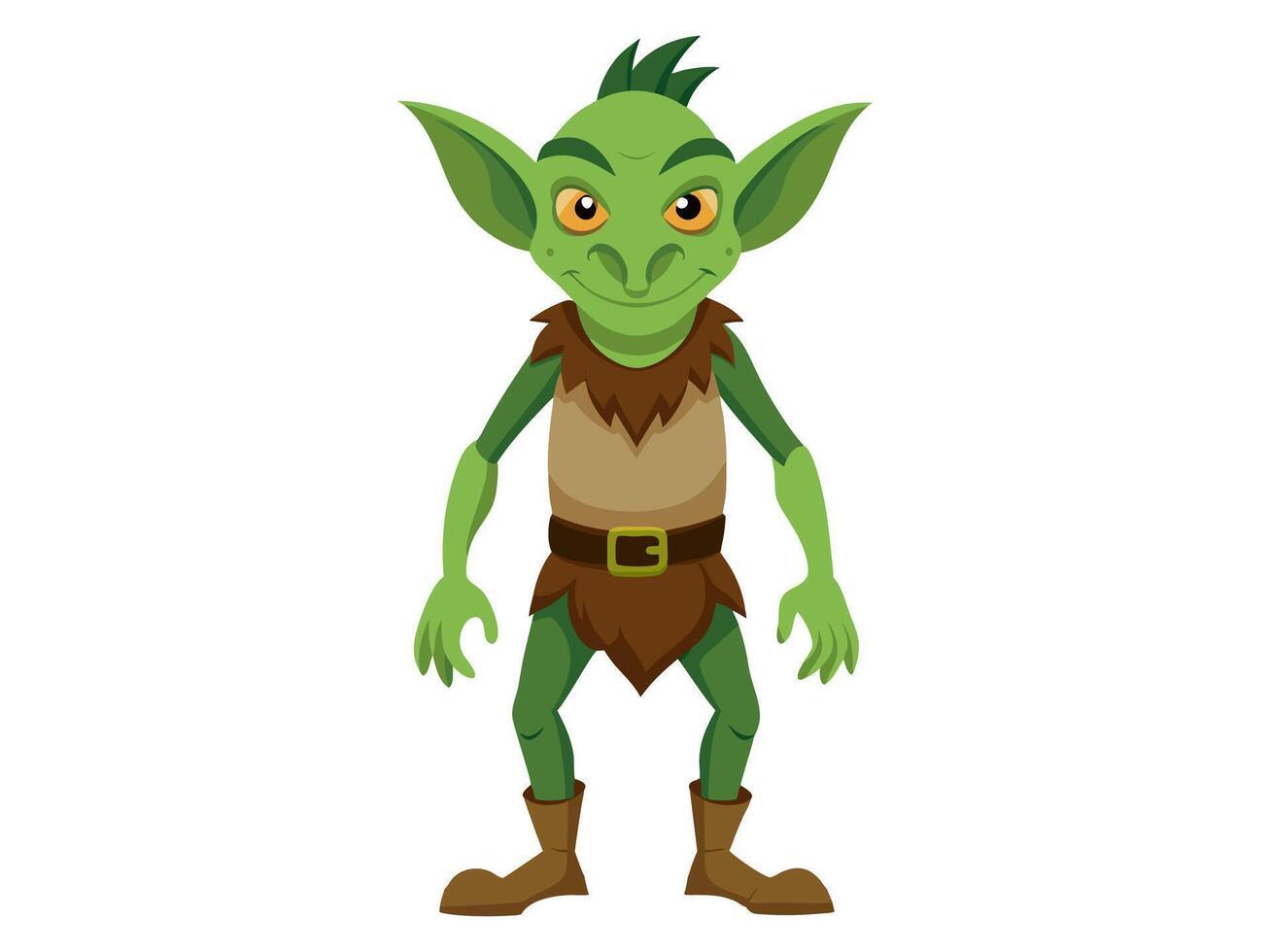 Green goblin in a cartoonish style isolated on a white background. Concept of Halloween, fantasy character, troll, mythical creature, playful artwork, whimsical illustration. Print, design element. vector
