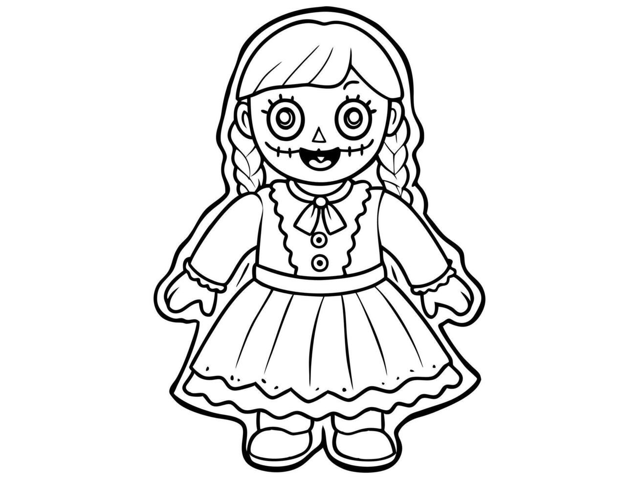 Black outline of a haunted doll with stitched smile and button eyes isolated on white background. Concept of spooky character, Halloween decoration, rag doll, creepy toy, and minimalist illustration. vector