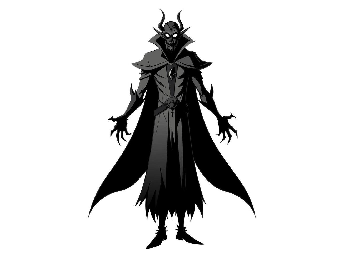 Black silhouette of a menacing vampire isolated on a white background. Concept of horror, Gothic villain, dark fantasy, minimalist style. Print, Design element. vector