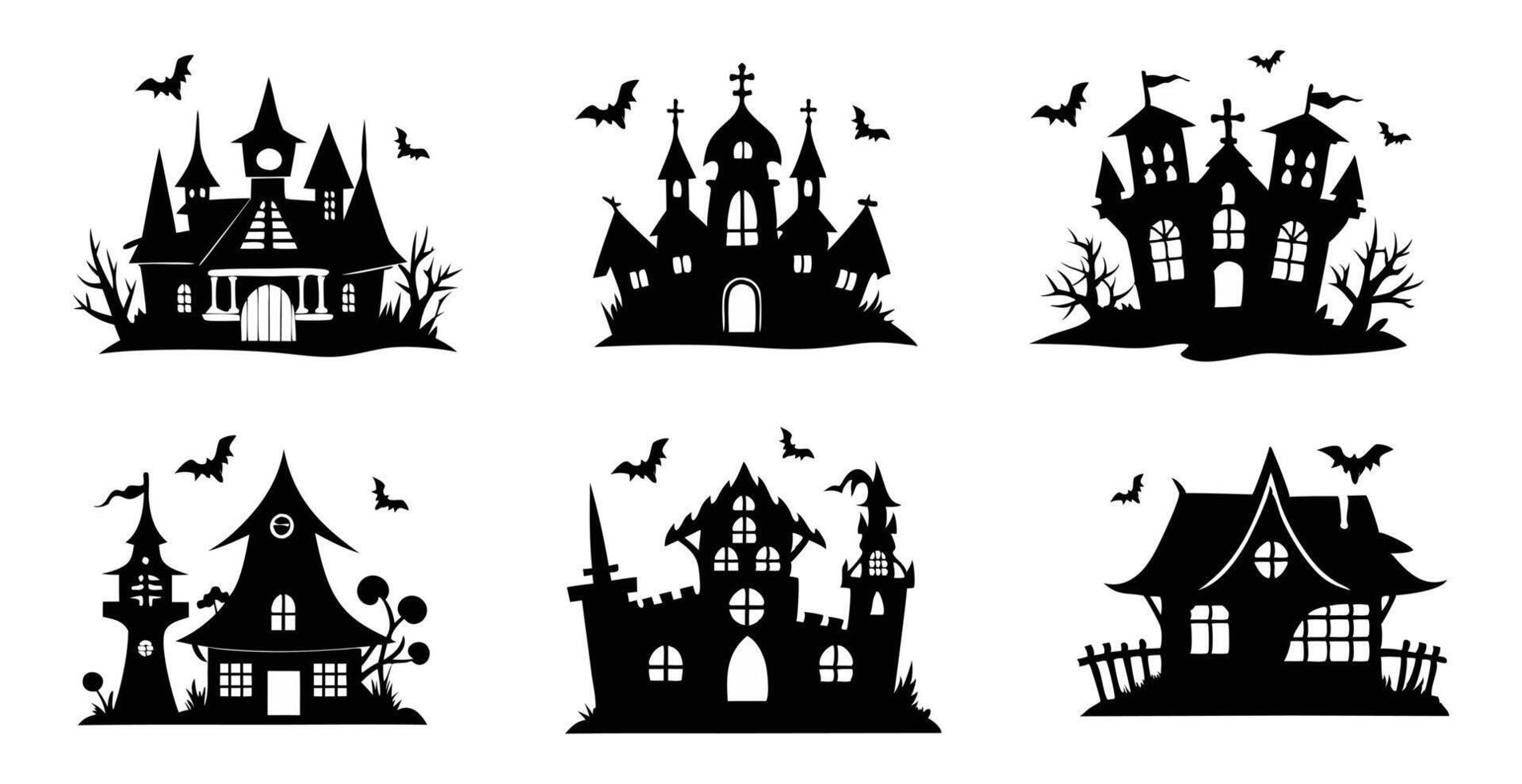 Set of Black silhouettes of haunted houses with bats isolated on a white background. Concept of spooky decoration, haunted castle, minimalist style, spooky mansion, Halloween design. Clip art vector
