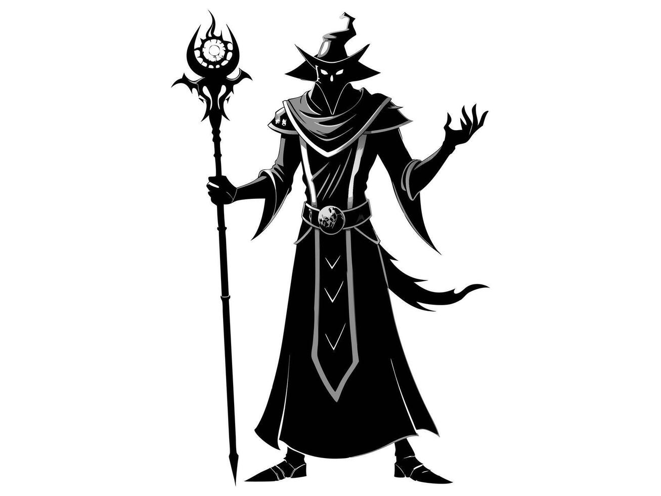 Black silhouette of a wizard isolated on a white background. Concept of Halloween, evil sorcerer, magic fantasy character, cast spells, minimalist style, print, icon, design element. vector