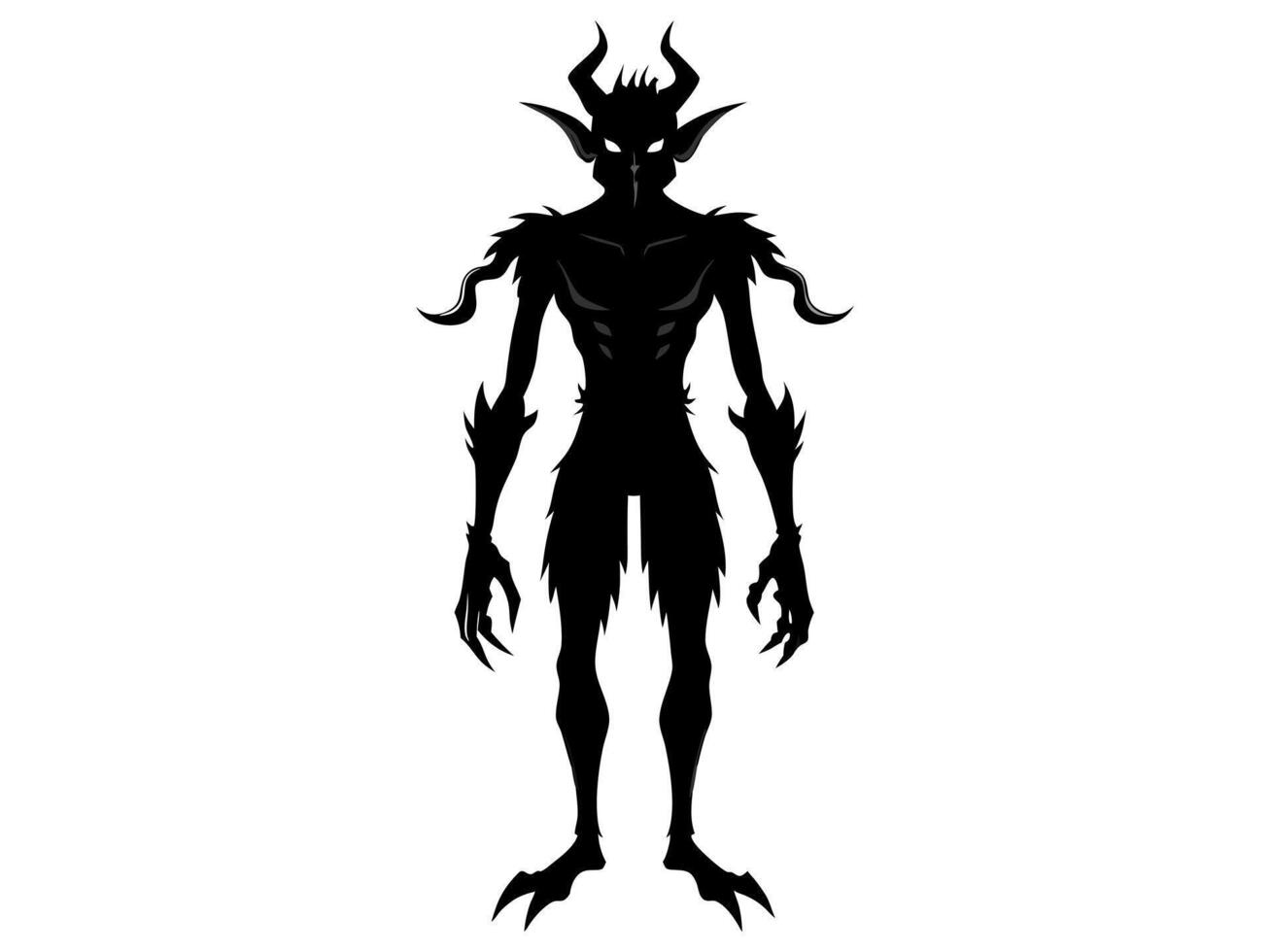 Black silhouette of devil character isolated on a white background. Concept of Halloween, fantasy creature, mythical demon, villainous imp, digital art. Print, illustration, design element vector