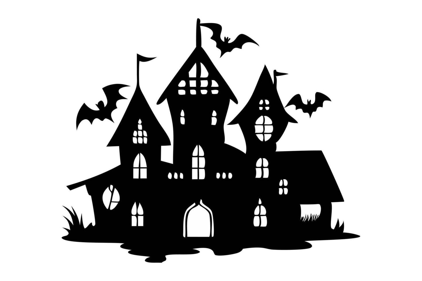 Black silhouette of a haunted castle with bats isolated on a white background. Concept of spooky decoration, haunted house, minimalist style, Halloween design. Print, icon, art element. vector