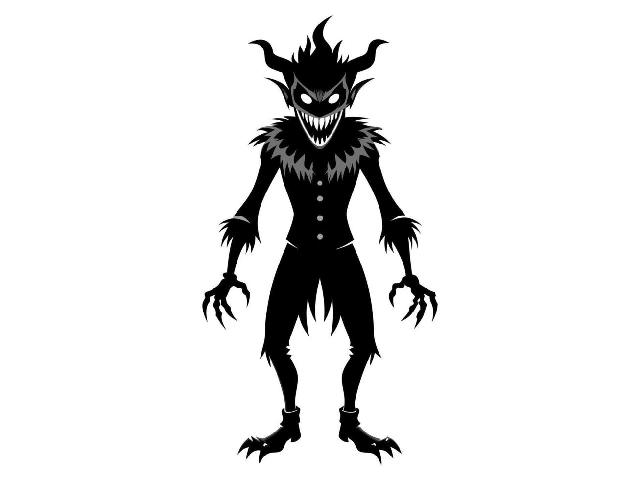 Black silhouette of evil clown with a creepy grin isolated on a white background. Concept of Halloween, circus performer, horror, spooky character. Print, art, design element, illustration vector