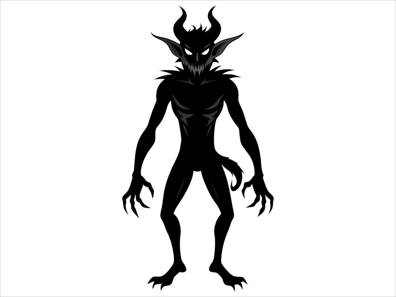 Black silhouette of devil isolated on a white background. Demonic creature with horns. Concept of folklore monster, fantasy character, monster art, evil spirit, spooky icon. Print, design element. vector