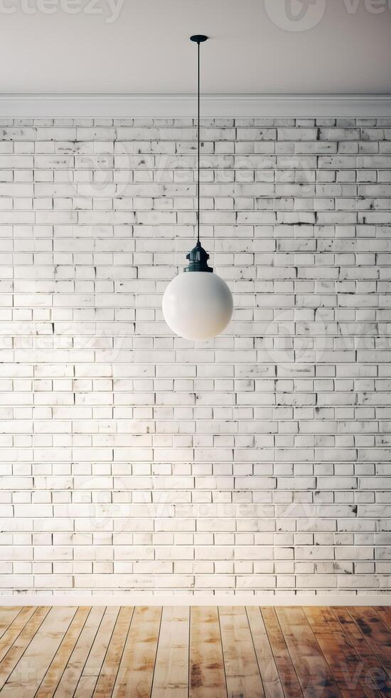 White brick wall with a lamp on the background of stone tiles. . photo
