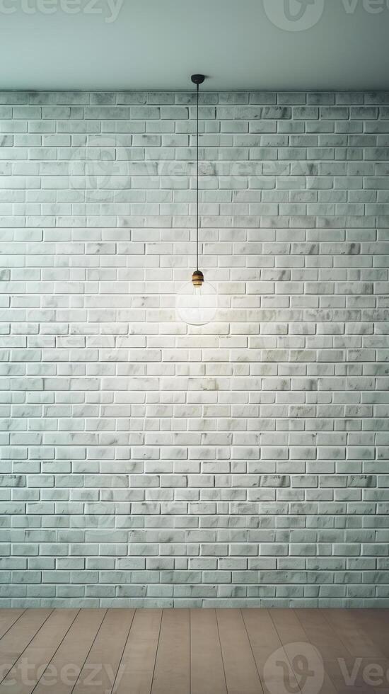 White brick wall with a lamp on the background of stone tiles. . photo