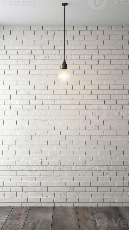 White brick wall with a lamp on the background of stone tiles. . photo